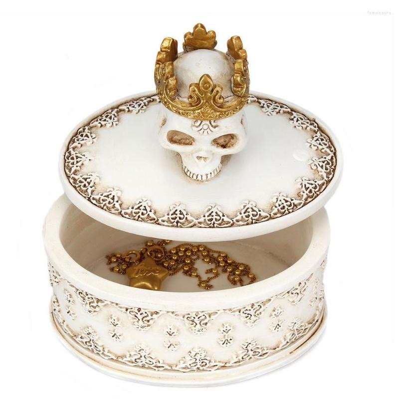 

Jewelry Pouches Packaging Storage Box Decor Organizer Earrings Desktop Halloween Gifts Container Crowned Skull Mini Ring Resin Necklace