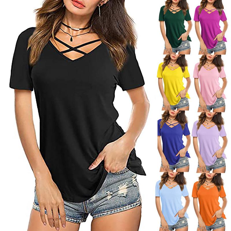

Women' T Shirts Sexy Front Cross V Neck Short Sleeve T-shirts Women Summer Loose Tee Shirt Ladies Solid Color Cotton Poylester Spandex Tops, Black