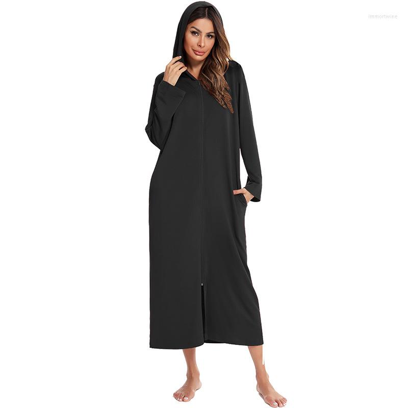 

Women' Sleepwear 2022 Women Winter Hooded Cardigan Style Zipper Pajamas Modal House Coat, Black