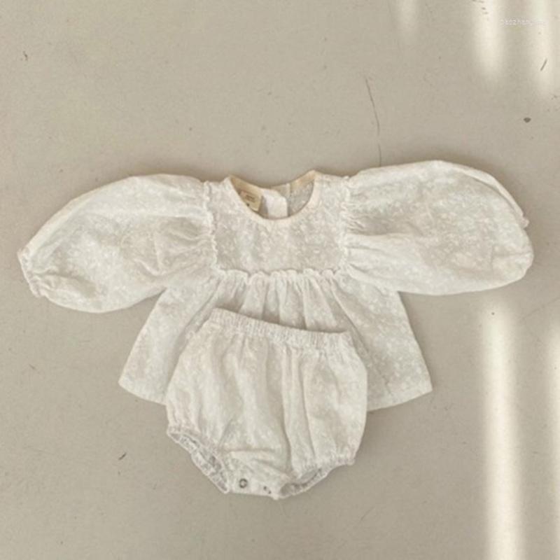 

Clothing Sets Adorable Born Baby Girls Set Fall Breathable Linen Cotton Long Lantern Sleeve Pullovers Bloomers 2Pc Children Costumes, White