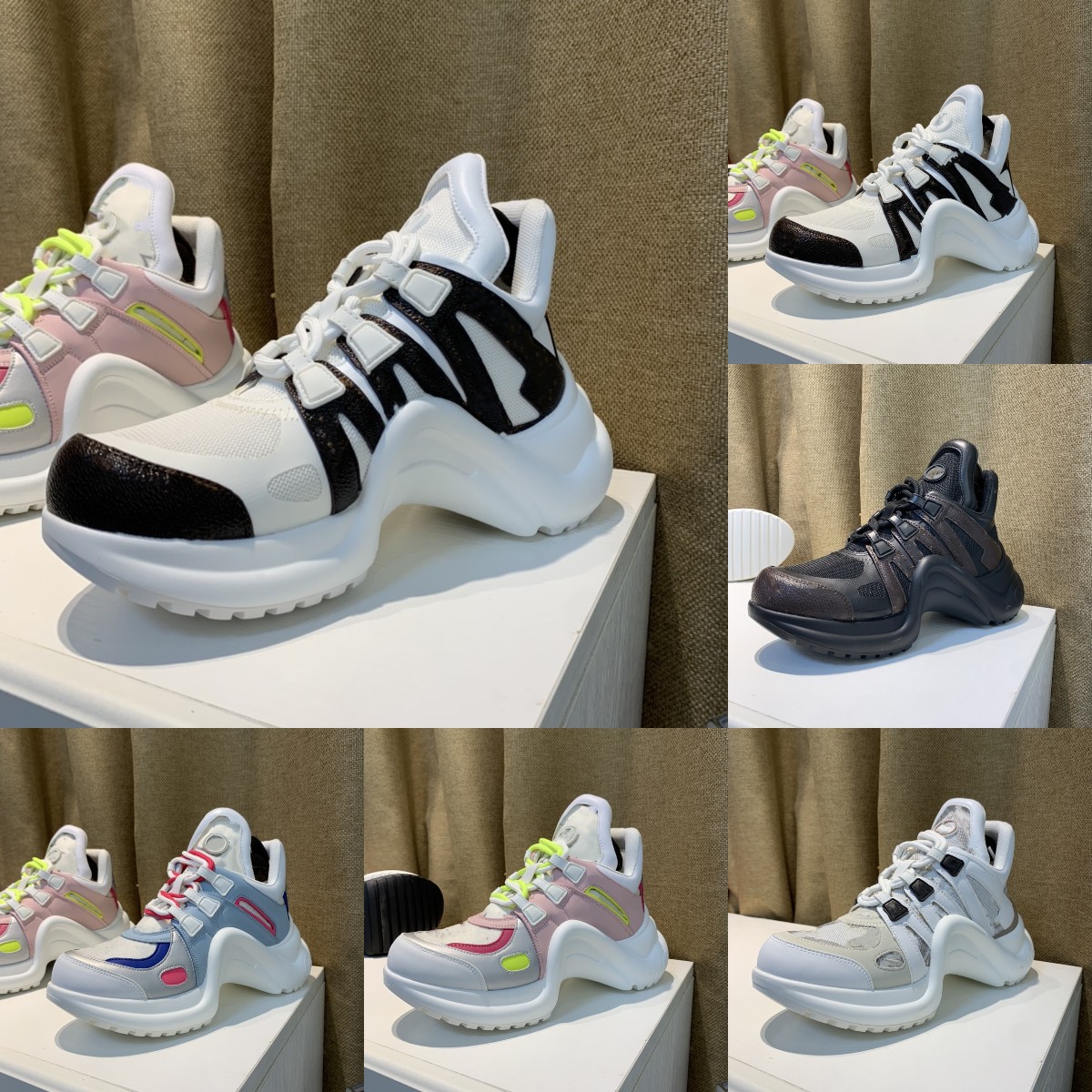 

Monograms Old Flower Print Dad Shoes Leather Sneakers Fashion Casual Block Archlight Mesh Black Breathable Bow Mens Womens Personality Platform All-Match Stylist, Fill postage