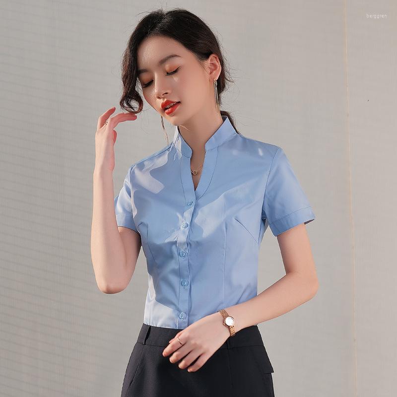 

Women' Blouses White Short-Sleeved Summer Work Clothes Formal Wear V-neck Women' Clothing Business Shirt