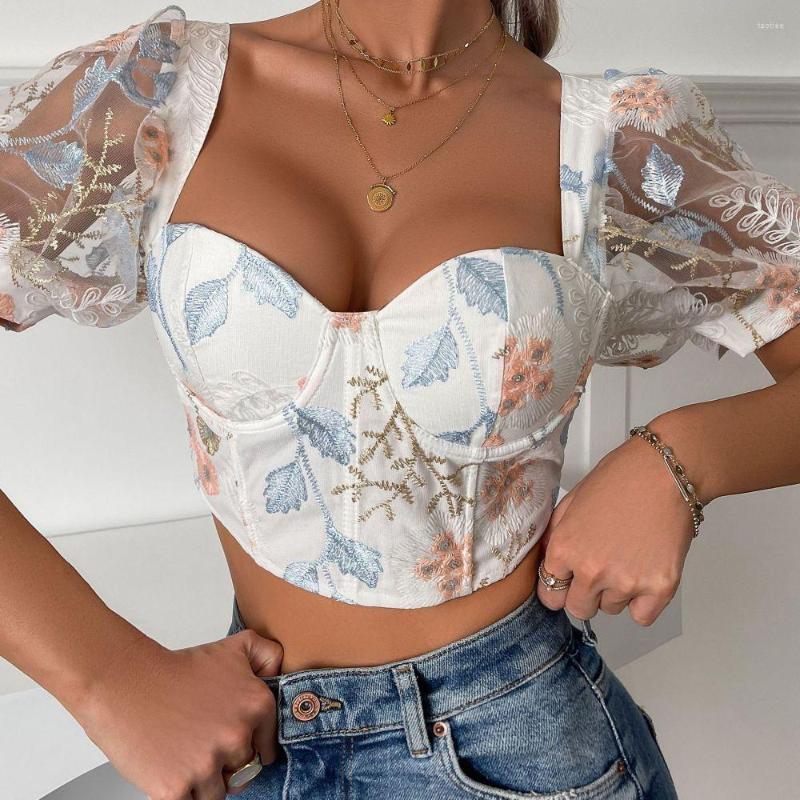 

Bras Sets Arrivals Sexy Lace Puff Sleeves Perspective Short Top, Print color