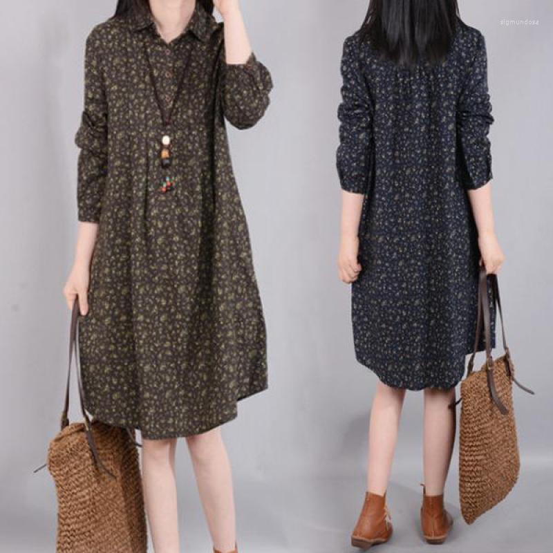 

Casual Dresses 2022 Autumn Retro Floral Cotton Linen Long Sleeved Dress Ethnic Style Loose Slim All-match Women Shirt, Green