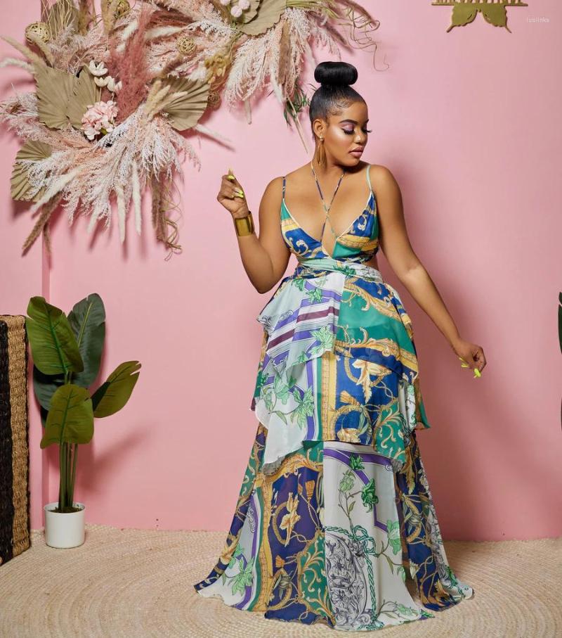 

Casual Dresses Summer Suspender Wrap Chest Open Back Dress National Color Printing Fashion 2022 Style, Blue