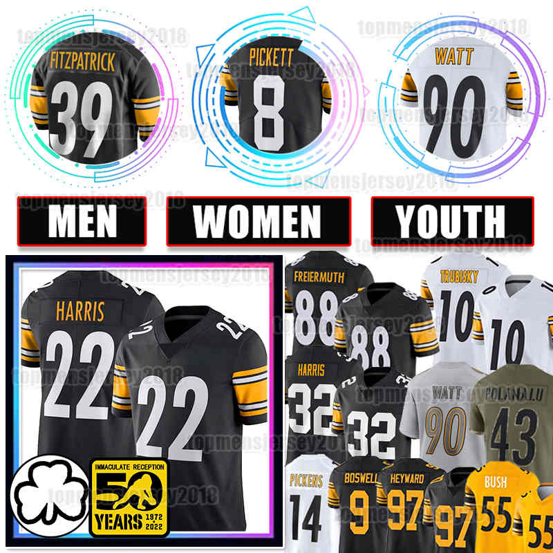 

Najee Harris Football Jersey George Pickens Kenny Pickett T.J. Watt Cameron Heyward TJ Pat Freiermuth Diontae Johnson Jerome Bettis Steelers Troy Polamalu Myles Jack, Men jersey(gr)+patch