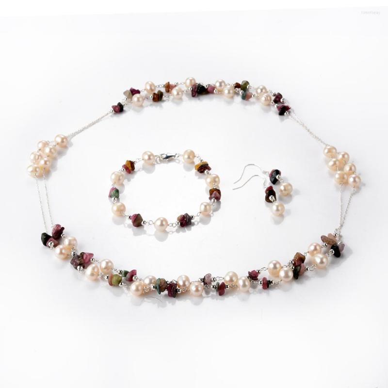

Necklace Earrings Set CKKU Jewelry 2022 Multicolor Tourmaline Pearl Bracelet Earring 3 Piece Fabulous Everyday PD302, Picture shown