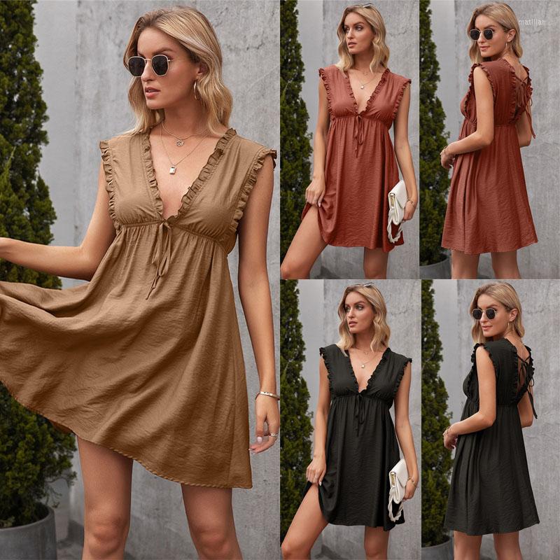 

Casual Dresses Sexy Deep V-Neck Backless Women Party Dress Fashion Solid Sleeveless Streetwear Summer Loose A-Line Vestidos, Khaki