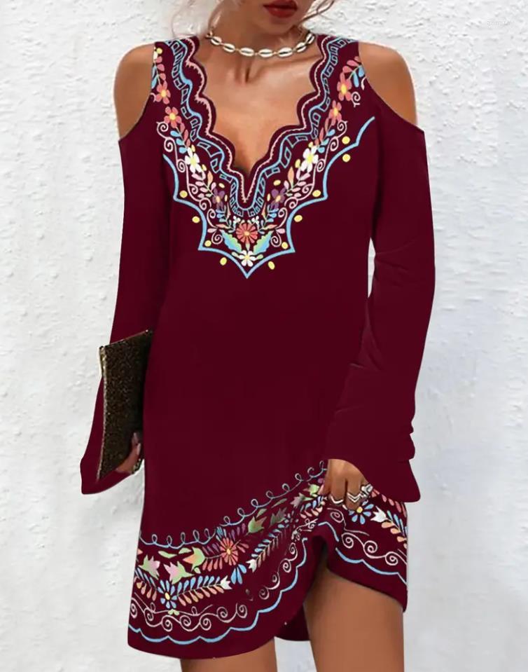 

Casual Dresses Women's 2022 Summer Vintage Tribal Print Cold Shoulder Fashion Boho Long Sleeve Daily Mini Straight Dress