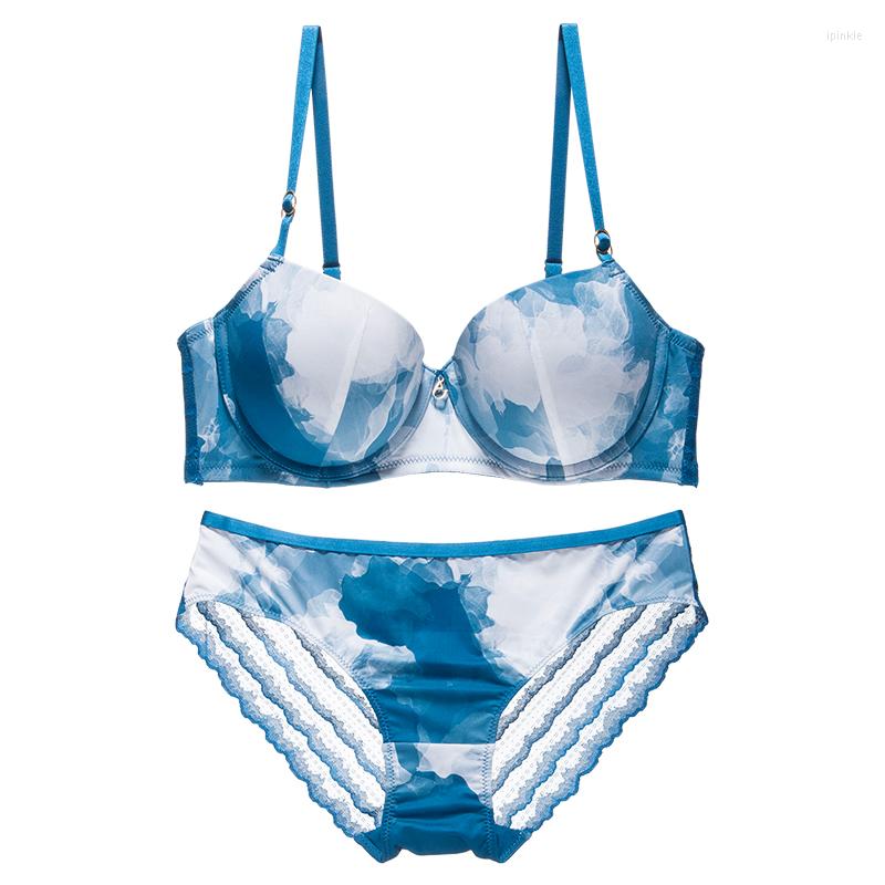 

Bras Sets Sexy Lingerie Bra And Panties Set Push Up Print Pattern Lace Flank Padded Cup Underwired Underwear For Women, Yellow