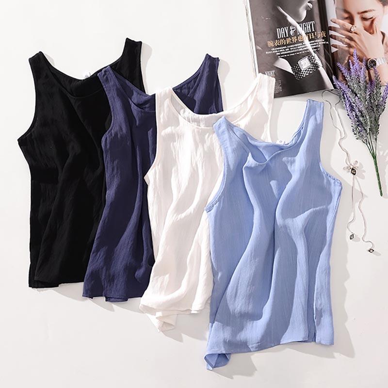 

Women' Tanks Women' Blouses Cotton And Linen Sleeveless Tops Shirt Female O Neck Summer Solid Green Tunic Blouse Basic Women, White