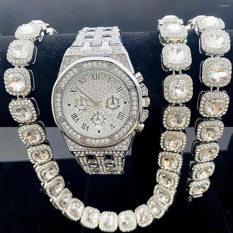 

Chains 3PCS Iced Out Watch Bracelet Necklaces For Men Fashion Gold Luxury Diamond Cubana Bling Jewelry Watches