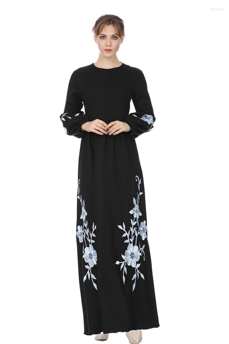 

Ethnic Clothing Islam Muslim Dubai Robe Long Sleeve Elegant Loose Black Chiffon Women's Middle East Embroidered Skirt Dress