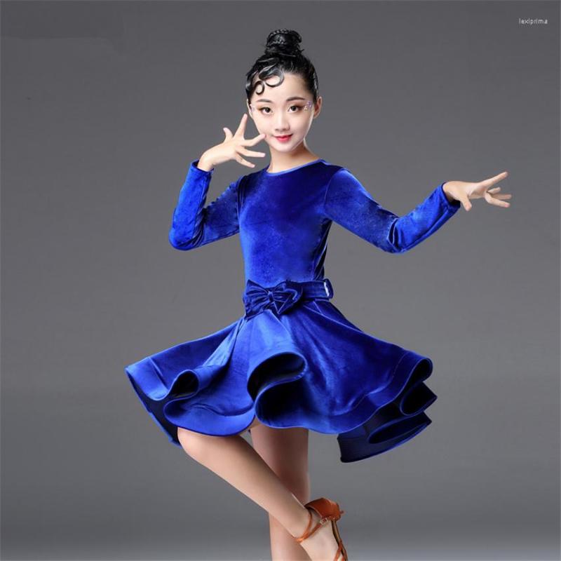 

Stage Wear 2022 Kids Dresses For Girls Long Sleeve Latin Dance Dress Velvet Ballroom Competition Party Performance Practice Costumes, Black