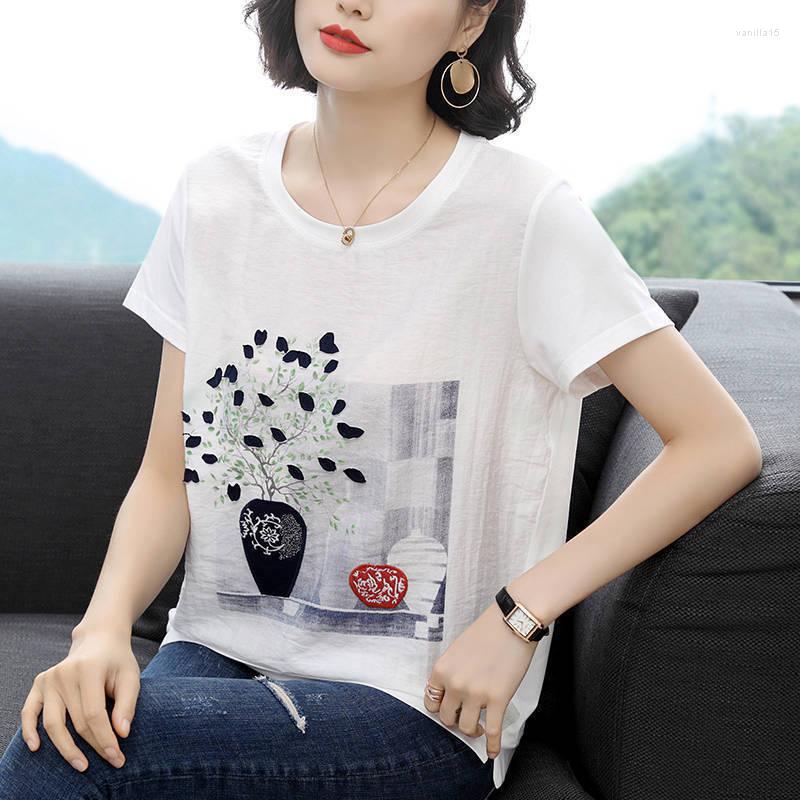 

Women's Blouses Elegant Blouse Women Plus Size Cotton Summer Shirt Vintage Print Ladies Tops Short Sleeve Loose Casual, Pink