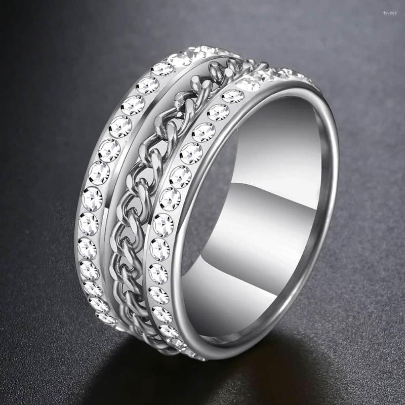 

Wedding Rings Spinner Chain Ring For Men Women Rhinestone Gold Color Silver Band Hip Hop Male Jewelry GR60