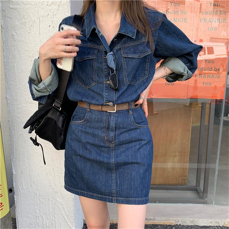 

Casual Dresses Women Fall Autumn Fashion Slim Denim Dress Long Sleeve Belted Mini Blue Jeans Vintage Waisted A Line Vestidos