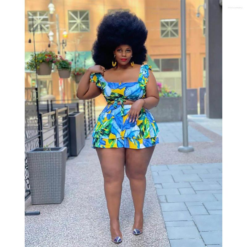 

Casual Dresses Summer Women' Short Skirt Two-Piece Suit Plus Size Clothing Wooden Ears Printed Bandage 2-Piece Set, Blue