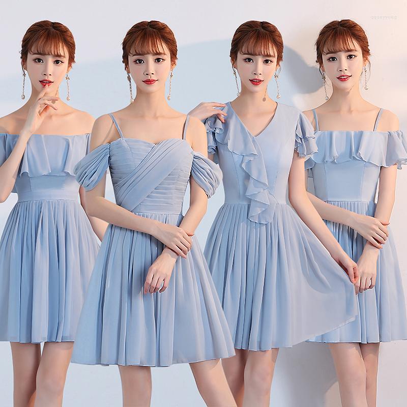 

Party Dresses Arrival Muyoms Strapless Above Knee Mini A-line Summer Women Blue Pink Chiffon Simple Cocktail Dress, 1928