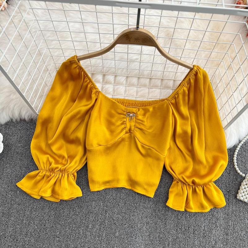 

Women's Blouses French Bow Square Collar Exposed Collarbone Shirt Women's Summer Design Sense Of Minority Waist Closing Chic Blouse, Green