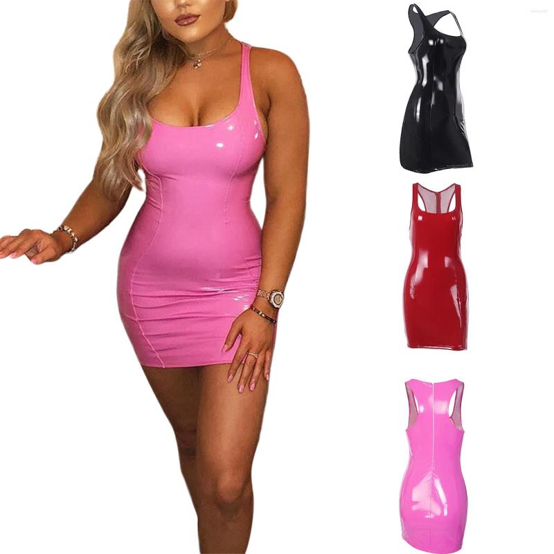 

Casual Dresses 2022 PU Leather Sleeveless Dress Sexy Chic Women Fashion Streetwear Clubwear Skinny Low Cut Back Zip Up Wrap Bodycon Mini, Black