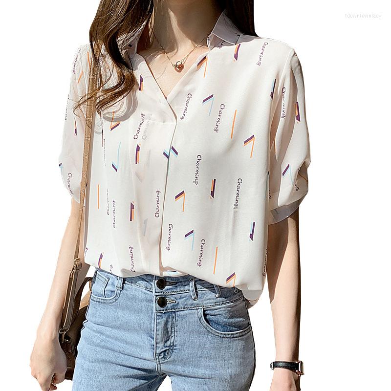 

Women' Blouses Women Printed Chiffon Shirt Female Short Sleeve Blouse Design V-neck Shirts Half Summer Clothes Office Lady Tops, Black