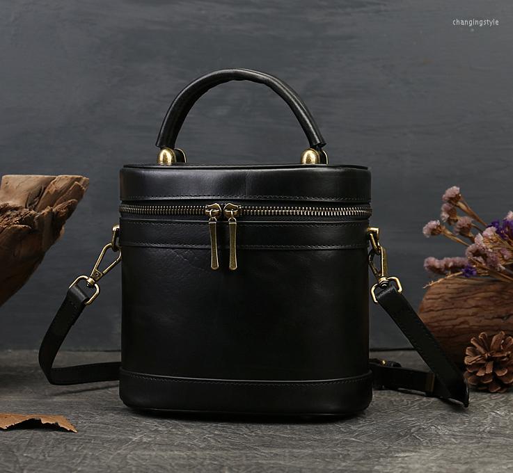 

Evening Bags Leather Solid Color Retro Top Cowhide Women Single Shoulder Messenger Portable Bucket Bag, Black