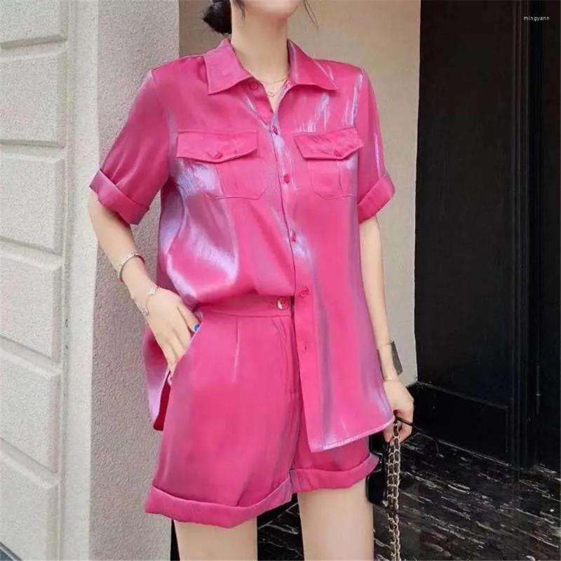 

Women' Tracksuits Summer Satin Shiny 2pcs Set Single-Breasted Short-Sleeved Shirt High-Waisted Wide-Leg Shorts Korean Office Ladies Elegant, Long purple