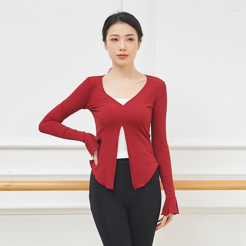 

Stage Wear Spring Women Latin Tops Classical Modern Dance Clothing Practice Performance Waist Long-sleeved Basic Training Half Cardigan Top, Black