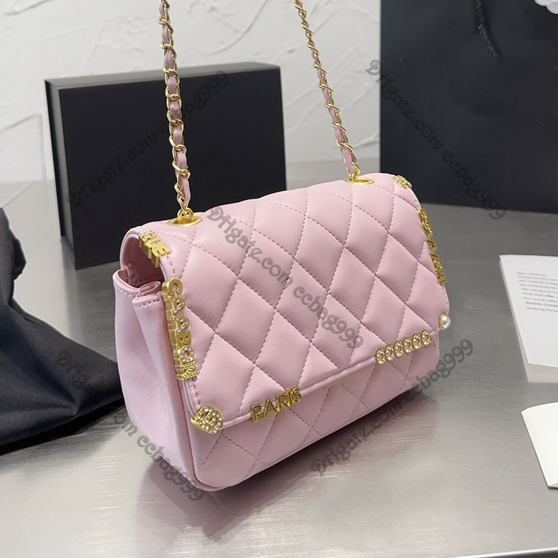 

Luxury Black Lambskin Metal Flap Bag Quilted Glitter Gold Hardware Rhinestone Pearl Designer Bags Classic Wallet Women Key Pouch Sacoche Coin Purse Card Holders 19c