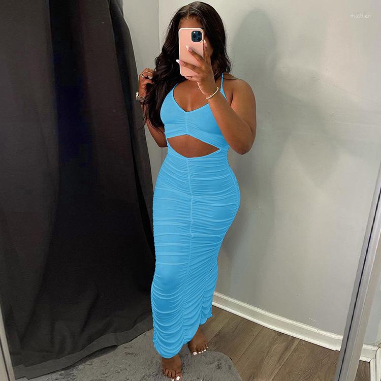

Casual Dresses DSMTRC 2022 Sky Blue Sexy Hollow Out Bodycon Midi Dress Solid Streetwear Holiday Party Sleeveless Summer Ruched Vestidos, Black