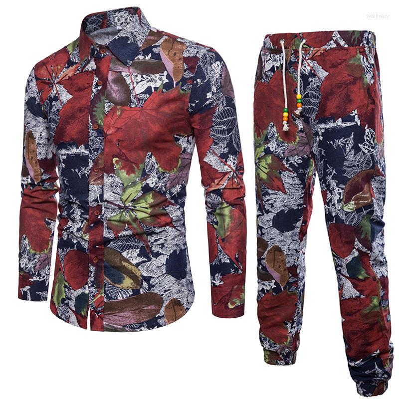 

Men's Casual Shirts Arrival Vintage Men Shirt Short Sleeve Ethnic Style Flower Print Tops Loose Hawaiian Streetwear Suit, A2