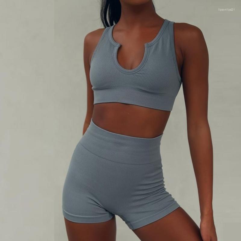 

Women' Tracksuits Women 2 Piece Workout Sets Sleeveless Notched U-Neck Crop Top And Seamless High Waist Shorts Solid Color Ribbed Yoga, Beige