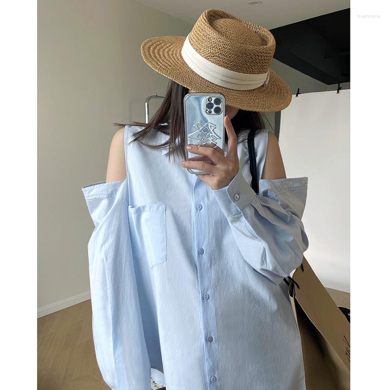 

Women' Blouses Unireal 2022 Summer Autumn Oversized Women Blue Shirt Off Shoulder Long Sleeve Sexy Casual Blouse Streetwear Loose Tops, White