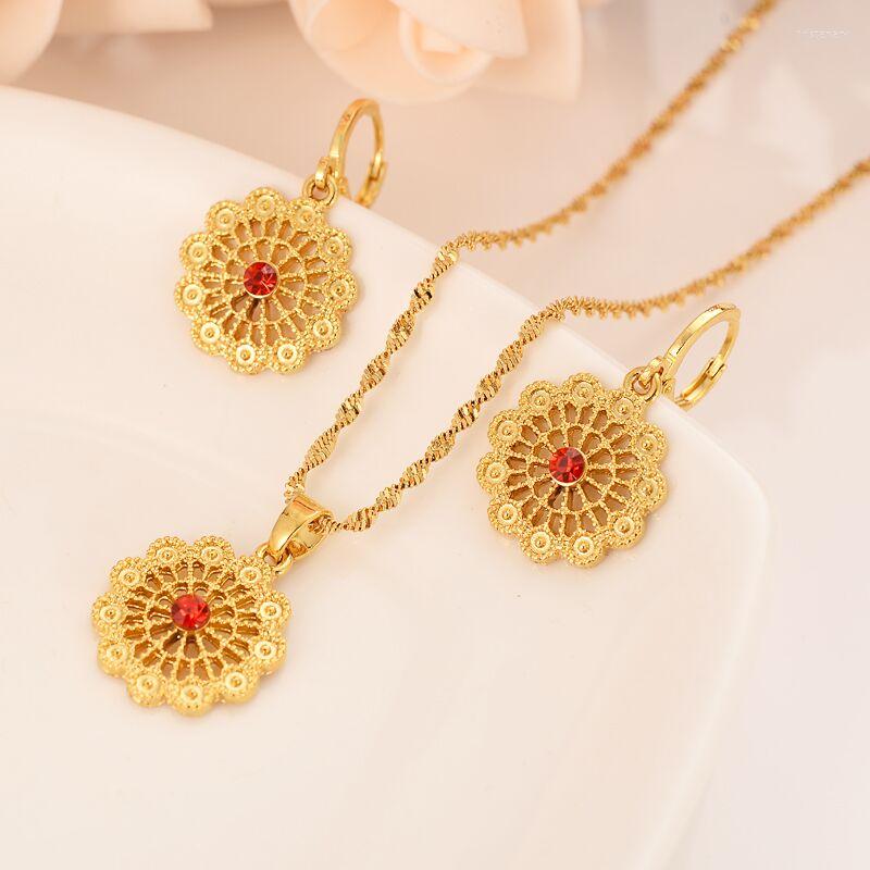 

Necklace Earrings Set Fashion Jewelry 18 K Fine Solid Gold GF CZ Core Red Crystal Body Flower Pendant France Chain As Women Girls Kids Gift, Picture shown