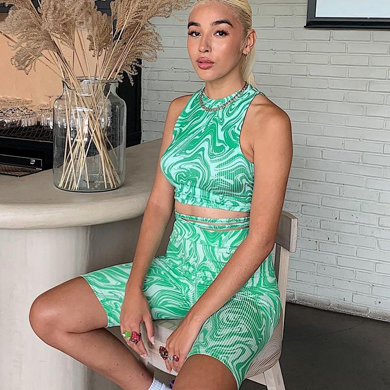 

Women' Tracksuits 2022 Y2k Streetwear Green Ripple Print Tanks Shorts Sets Summer Women' Ribbed Two-pieces Cross Lace-up Crop Tops