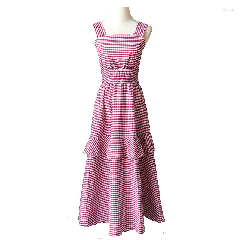 

Casual Dresses PERHAPS U Pink White Plaid Ruffle Tank Sleeveless Empire Slash Neck Midi Dress Summer D0589, Picture shown