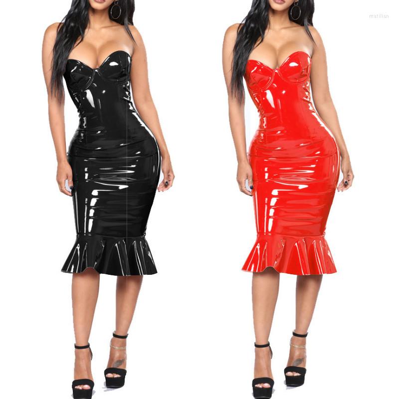 

Casual Dresses Sexy Pvc Lederen Erotische Club Jurk Vrouwen Wetlook Mouwloze Latex Clubwear Ruches Catsuit Shiny Party, Red