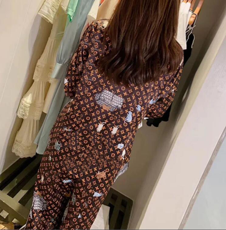 

Women's Sleepwear Long Sleeve Silk Pants Pajamas V-Neck Casual Homewear Suit Set Female Nightdress, Brown