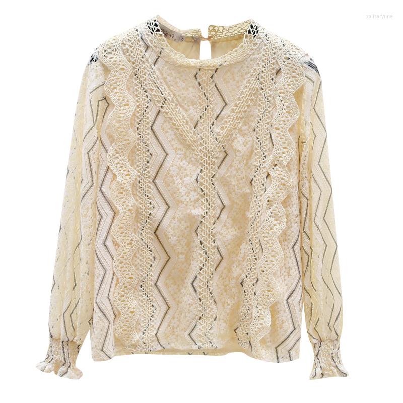 

Women' Blouses Stand Collar Lace Shirt Women 2022 Spring Hollow-out Long Sleeve Fashion Temperament Lady Blusas Top, Apricot