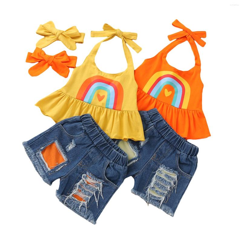 

Clothing Sets Born Toddler Baby Girl Clothes Set Ruffle Outfits Sleeve Tops Denim Shorts Bowknot Headband 3Pcs Summer