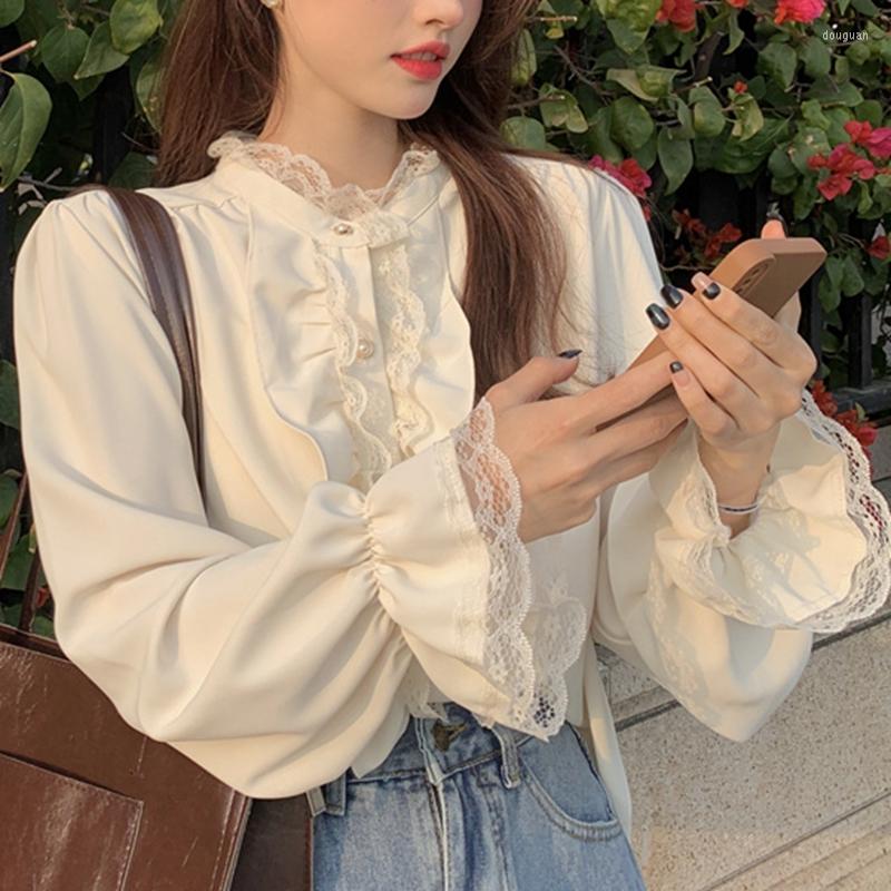 

Women's Blouses 2022 White Shirts Women Long Sleeve Tops Solid Lace Chiffon Butterfly Autumn Blouse Vintage Female Korean Blusa, Beige