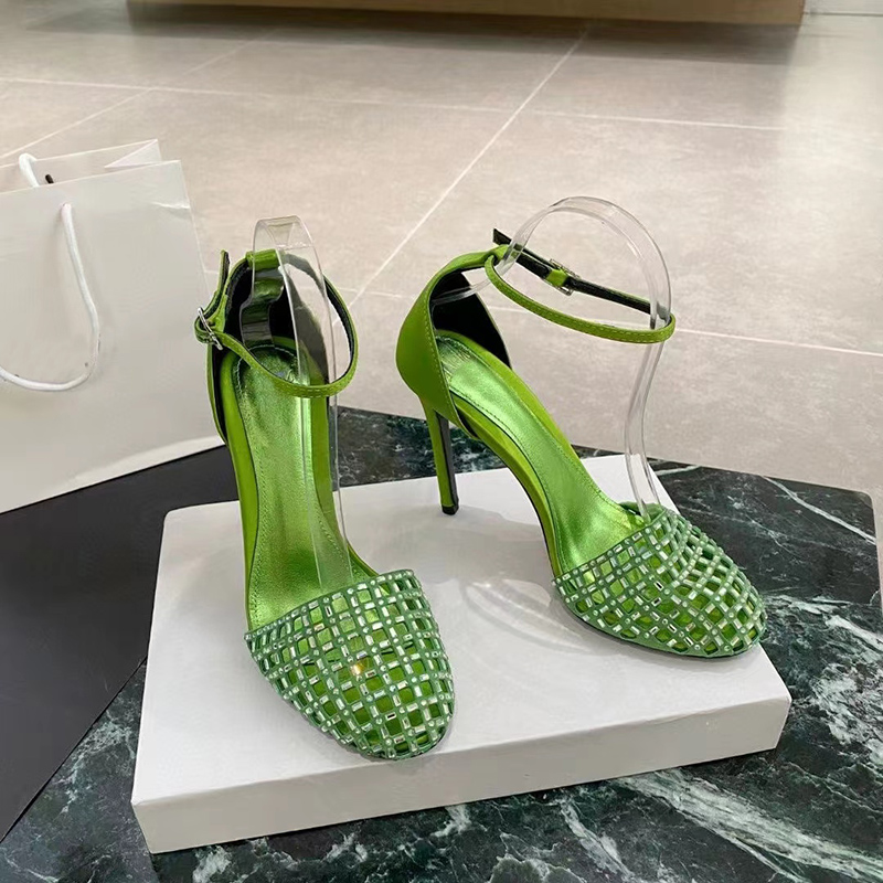 

10.5CM high heel sandals Luxury designer slim fitting high heeled dress shoes Satin women sandals Fashion casual banquet Wedding crystal diamond decorated, Black
