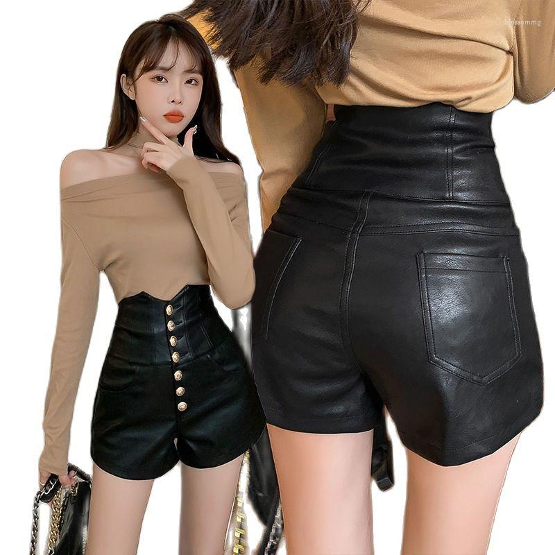 

Women' Shorts Women' Pu Leather High Waist 2022 Design Korean Fashion Single Breasted Black Slim Pole Dance Ladies