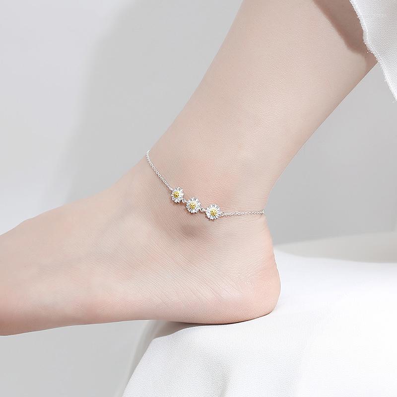 

Anklets Daisy Flower Bracelet On The Leg Silver 925 Women Jewelry Chain Fashion 21.5CM Adjustable