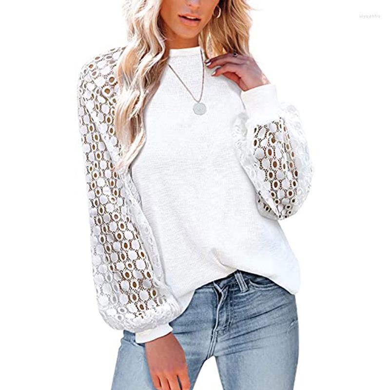 

Women's Blouses CINESSD Women Solid Lace Casual Tshirts O Neck Long Sleeves Hollow Office Lady Cotton Tee White Pullover Tunic Blouse, Dark gray