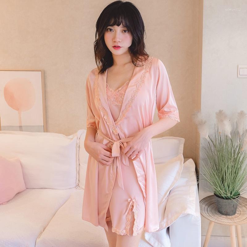 

Women's Sleepwear Spring Summer Slit Embroidered Lace Princess Sexy Nightgown Ice Silk Lady Suspended Two-piece Satin Nightdress