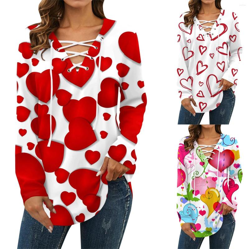 

Women's T Shirts Long Sleeve Shirt For Women Womens Lace Up Print Tunic Tops Loose Fit Valentine's Day Tall