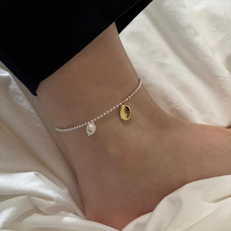 

Anklets Real 925 Sterling Silver Beads Woman Gold Color Geometric Oval Charms Ankle Bracelet On The Leg Women Barefoot Jewelry