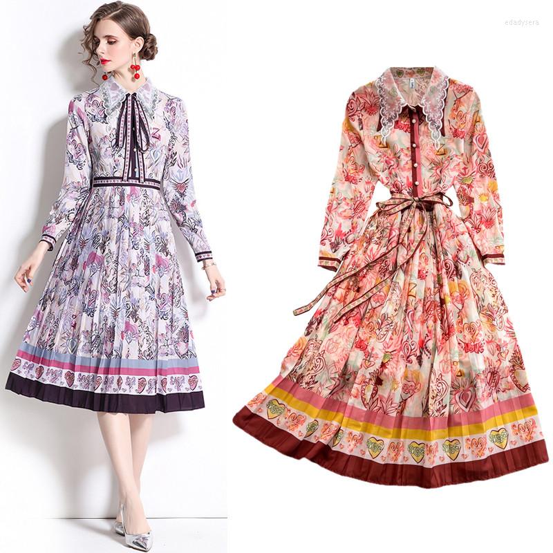 

Casual Dresses 2022 Spring Elegant Long Sleeve Vintage Midi Dress Hollow Out Embroidery Turn-down Collar Sashes Retro Print Robe Vestidos, Pink